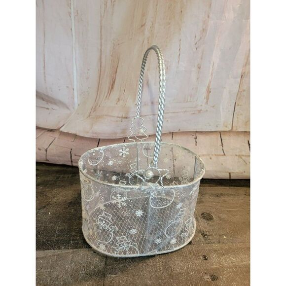 White silver snowman snowflake basket Xmas decor - Picture 4 of 6